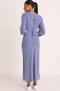 Among the Brave Phoenix Electric Blue Batik LS Bias Midi Dress