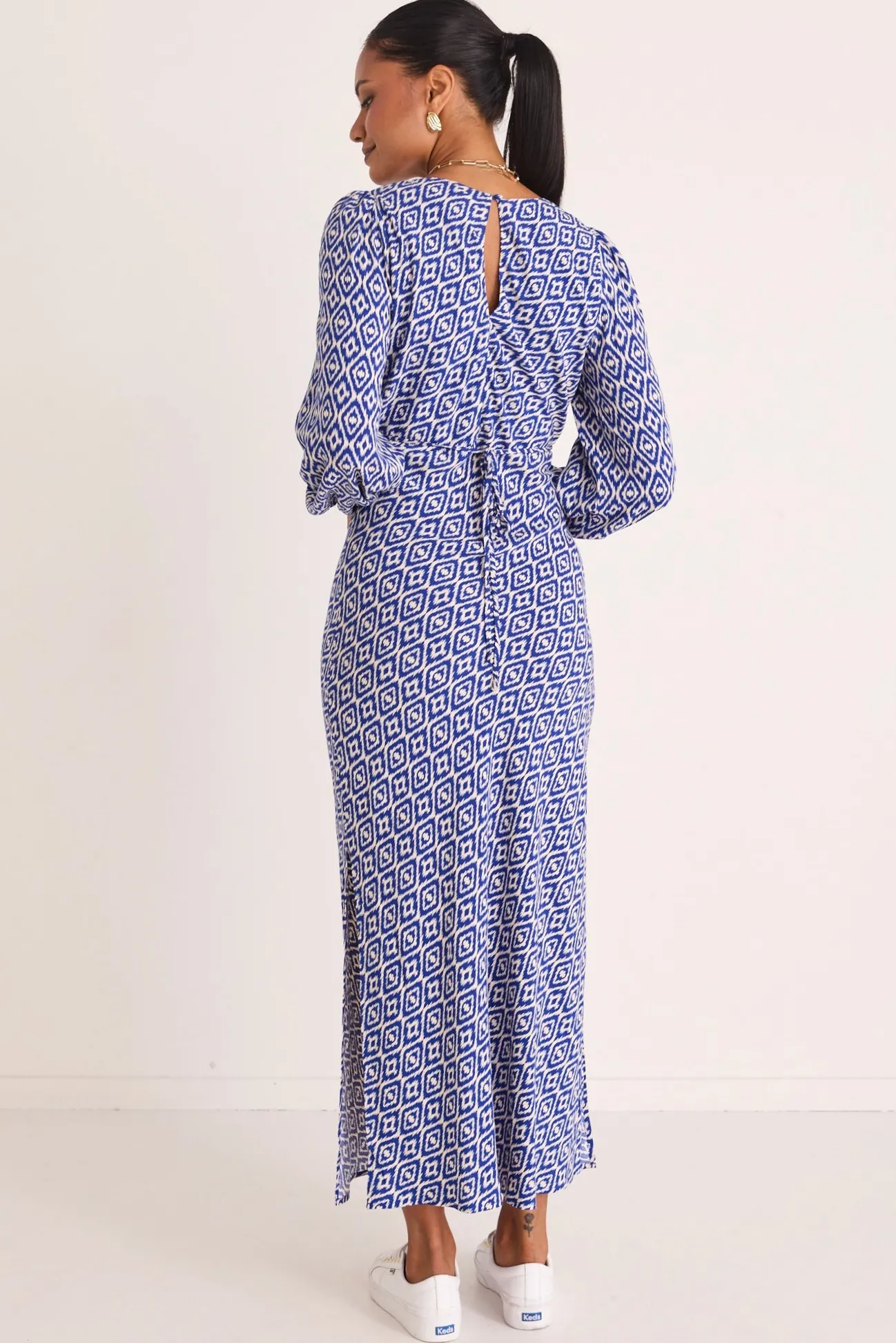 Among the Brave Phoenix Electric Blue Batik LS Bias Midi Dress