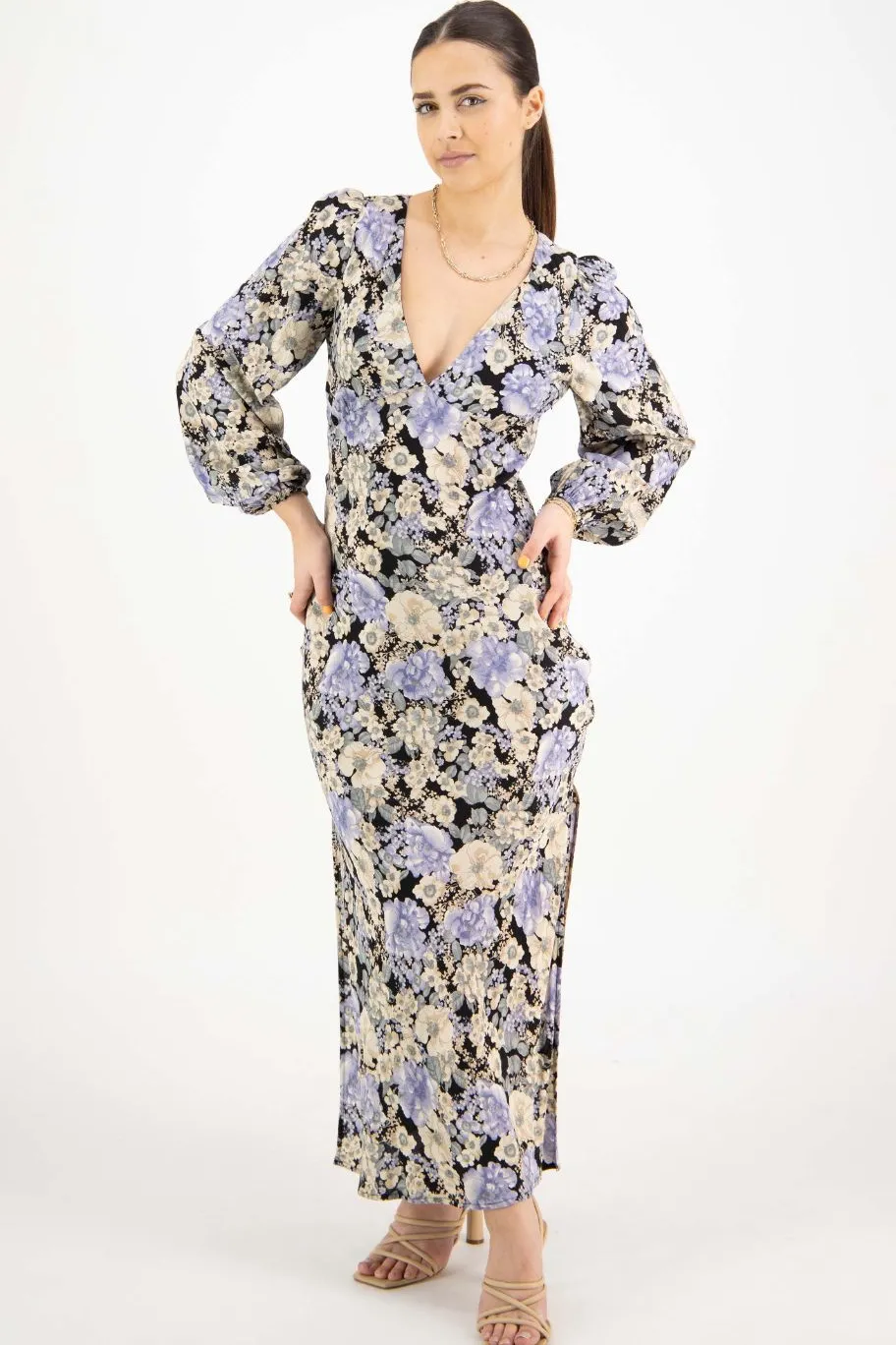 Among the Brave Phoenix Large Black Floral LS Balloon Sleeve Panel Bodice Bias Midi Slip Dress