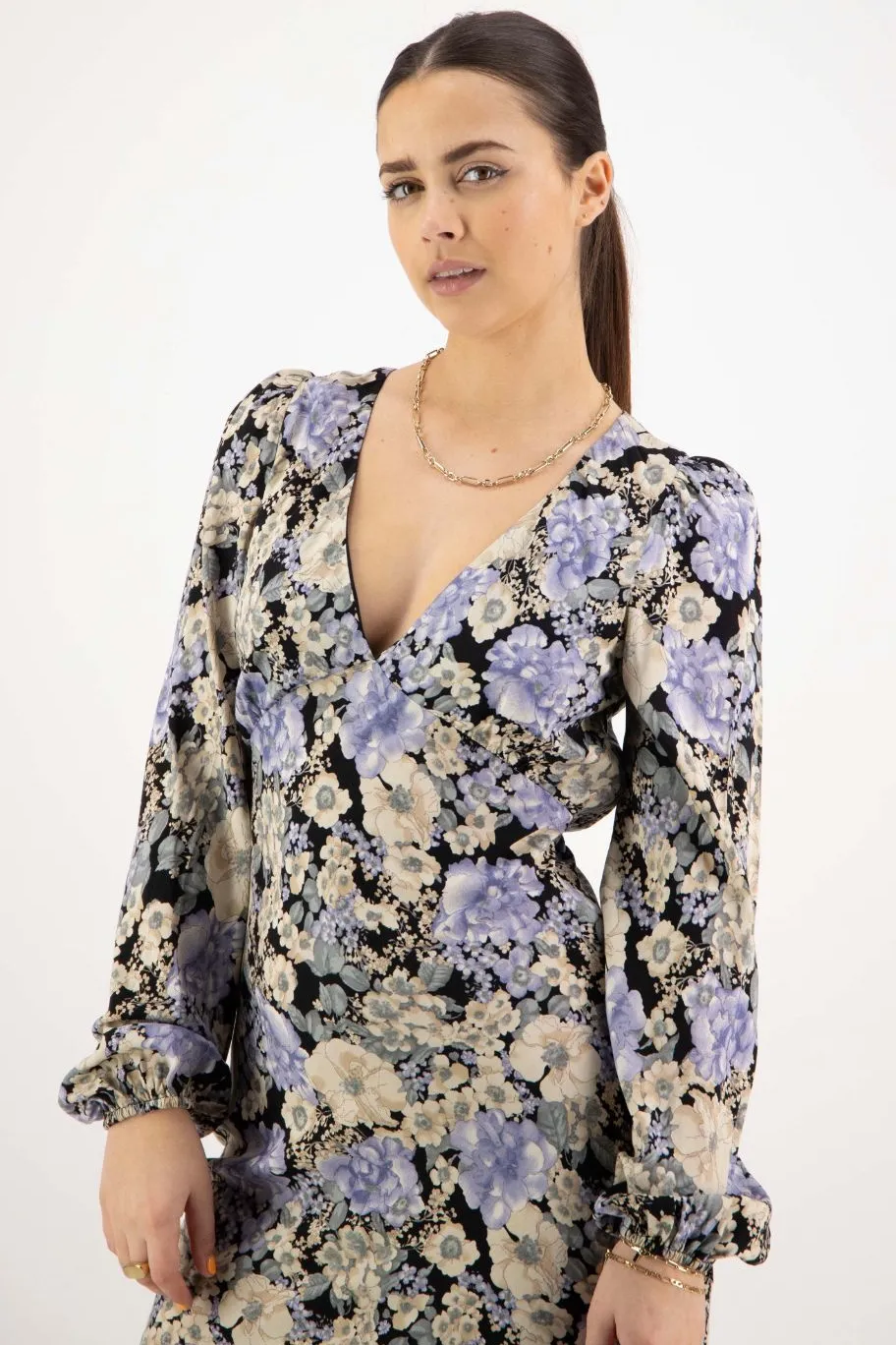 Among the Brave Phoenix Large Black Floral LS Balloon Sleeve Panel Bodice Bias Midi Slip Dress