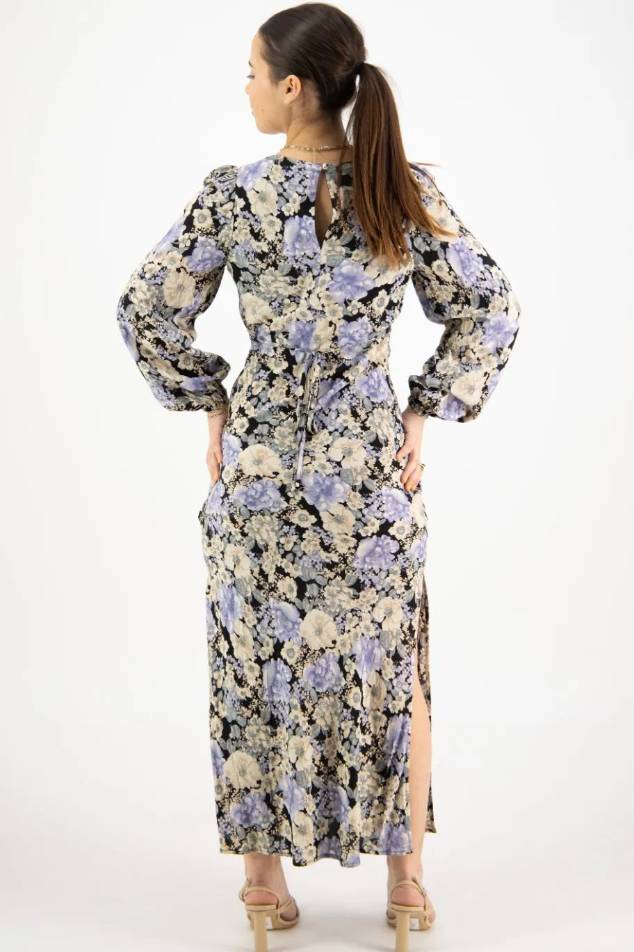 Among the Brave Phoenix Large Black Floral LS Balloon Sleeve Panel Bodice Bias Midi Slip Dress