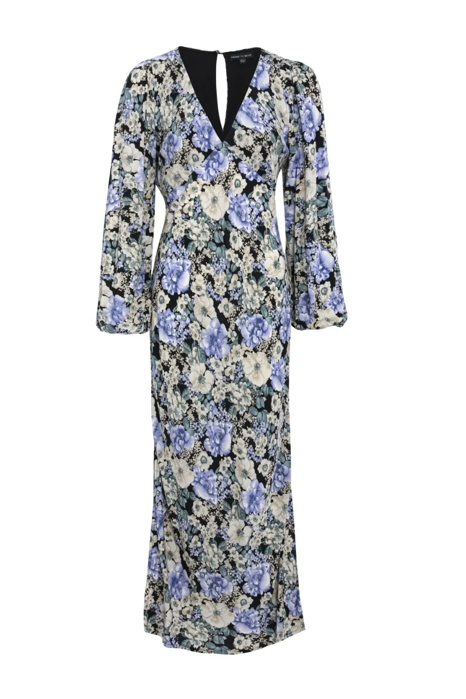 Among the Brave Phoenix Large Black Floral LS Balloon Sleeve Panel Bodice Bias Midi Slip Dress