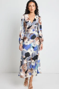 Among the Brave Phoenix Navy Multi Watercolour Satin Balloon Sleeve Midi Dress