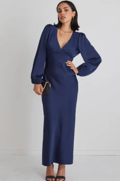 Among the Brave Phoenix Navy Satin Balloon Sleeve Bias Midi Dress