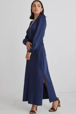 Among the Brave Phoenix Navy Satin Balloon Sleeve Bias Midi Dress