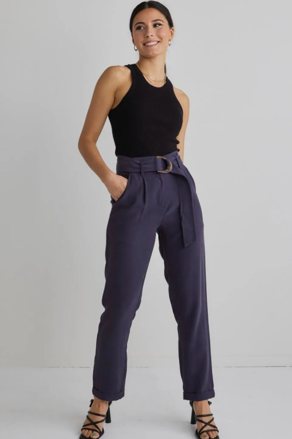 Among the Brave Pierre Navy Soft Viscose Tapered Leg Belted Pant