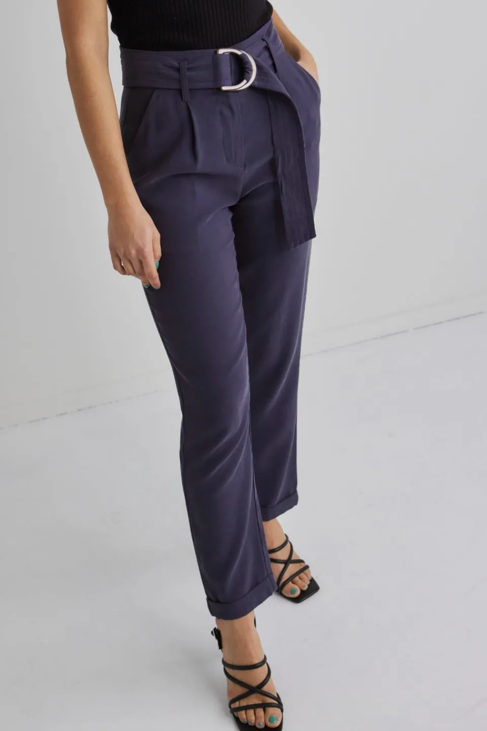 Among the Brave Pierre Navy Soft Viscose Tapered Leg Belted Pant