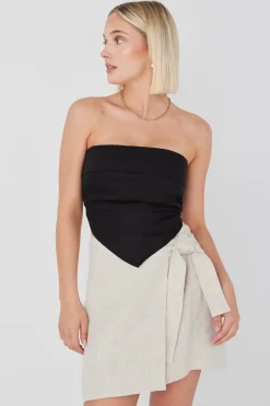 RE:UNION Label Pocket Black Linen Strapless Top