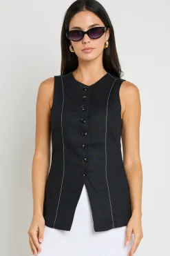 RE:UNION Label Polarity Black Ramie Crew Neck Fitted Vest