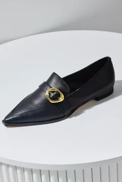 Nude Poppy Black Leather Gold Buckle Loafer