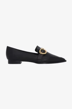 Nude Poppy Black Leather Gold Buckle Loafer