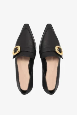 Nude Poppy Black Leather Gold Buckle Loafer