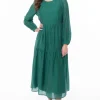 Leila + Luca Prediction Palm Green LS Tiered Midi Dress
