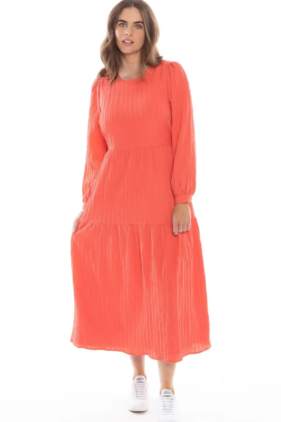 Leila + Luca Prediction Tangerine Texture Tiered Midi LS Dress