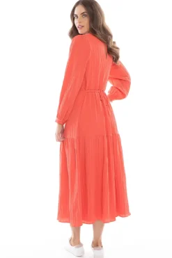 Leila + Luca Prediction Tangerine Texture Tiered Midi LS Dress
