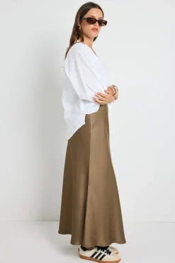 By Rosa. Preserve Bronze Floaty Satin Bias Maxi Skirt