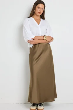 By Rosa. Preserve Bronze Floaty Satin Bias Maxi Skirt