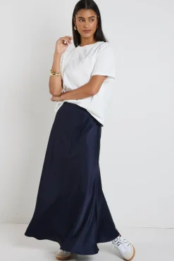 By Rosa. Preserve Navy Floaty Satin Bias Maxi Skirt