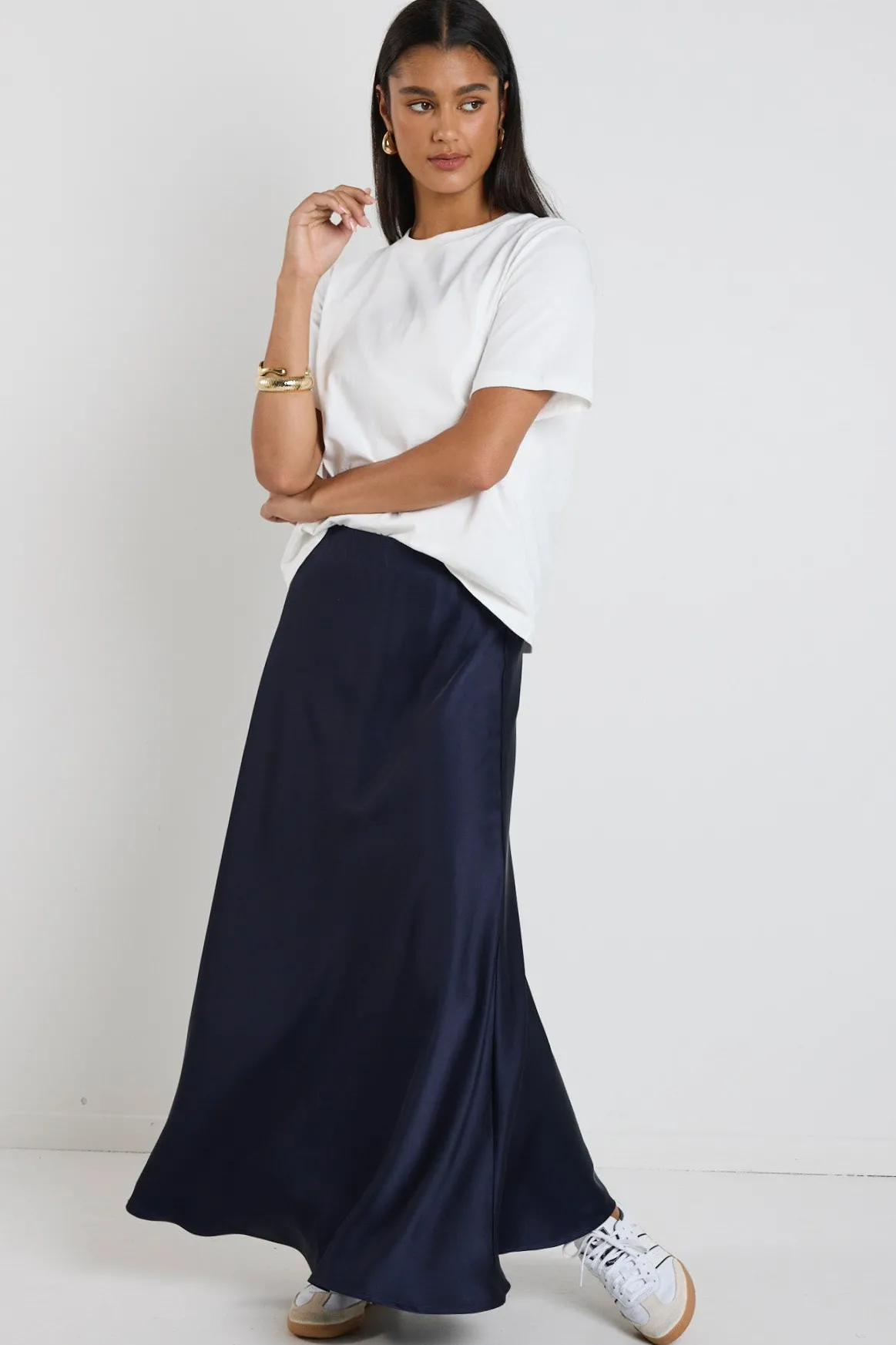 By Rosa. Preserve Navy Floaty Satin Bias Maxi Skirt