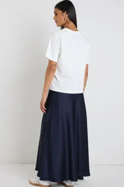 By Rosa. Preserve Navy Floaty Satin Bias Maxi Skirt
