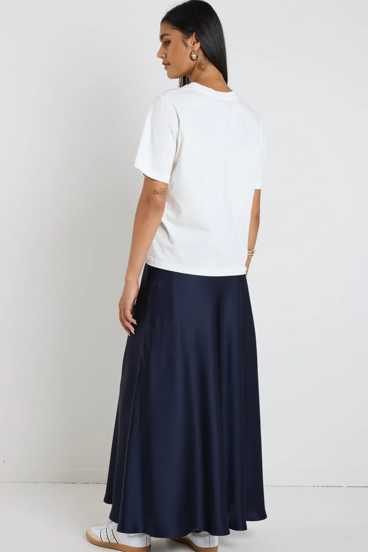 By Rosa. Preserve Navy Floaty Satin Bias Maxi Skirt