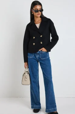 Ivy + Jack Prestige Black Marle Wool Blend Short Double Breasted Coat