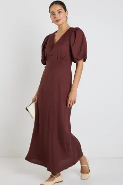 Stories be Told Preview Chocolate Puff Sleeve V Neck Bias Midi Dress