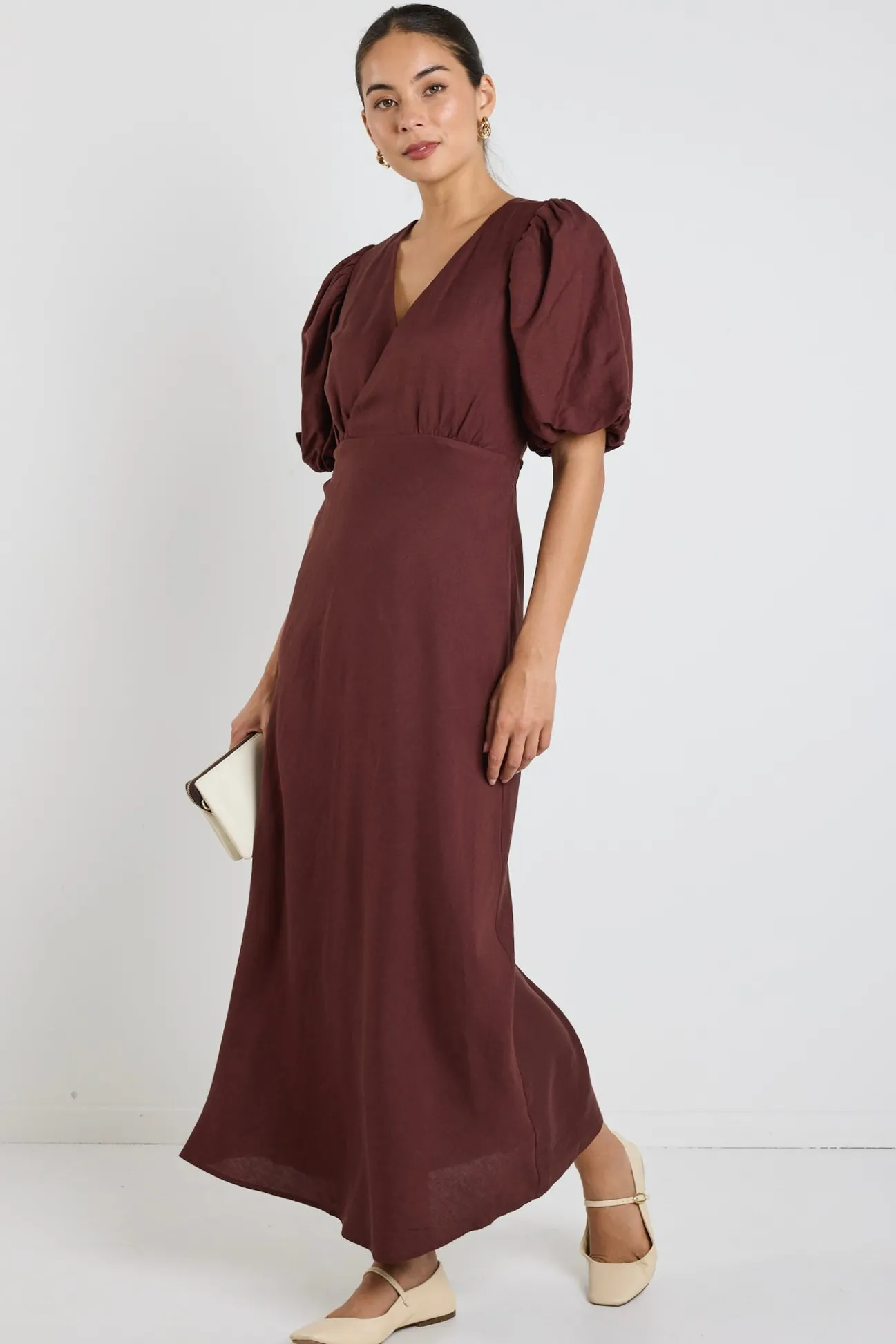 Stories be Told Preview Chocolate Puff Sleeve V Neck Bias Midi Dress