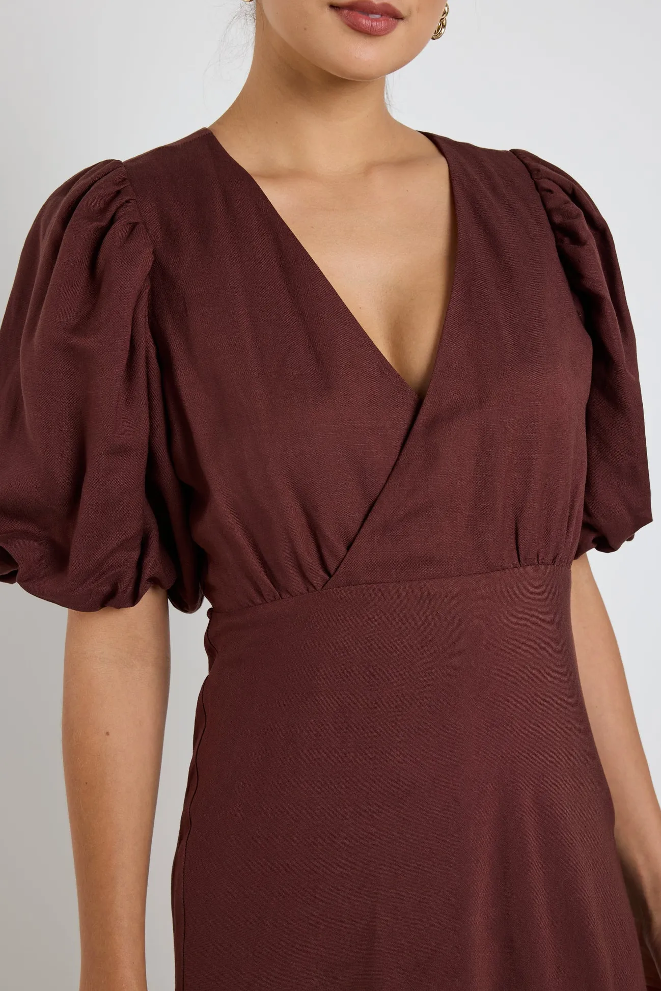 Stories be Told Preview Chocolate Puff Sleeve V Neck Bias Midi Dress