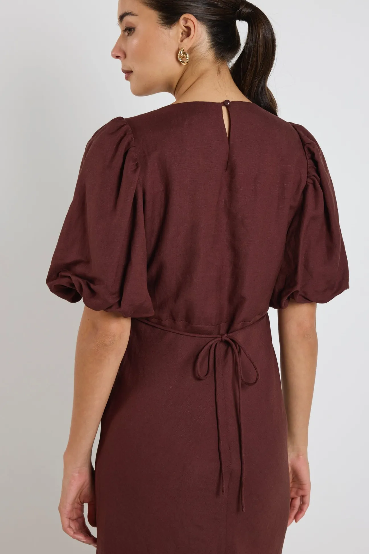 Stories be Told Preview Chocolate Puff Sleeve V Neck Bias Midi Dress