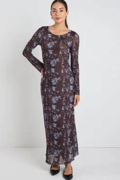 Stories be Told Promenade Chocolate Tie Dye Mesh Long Sleeve Midi Dress