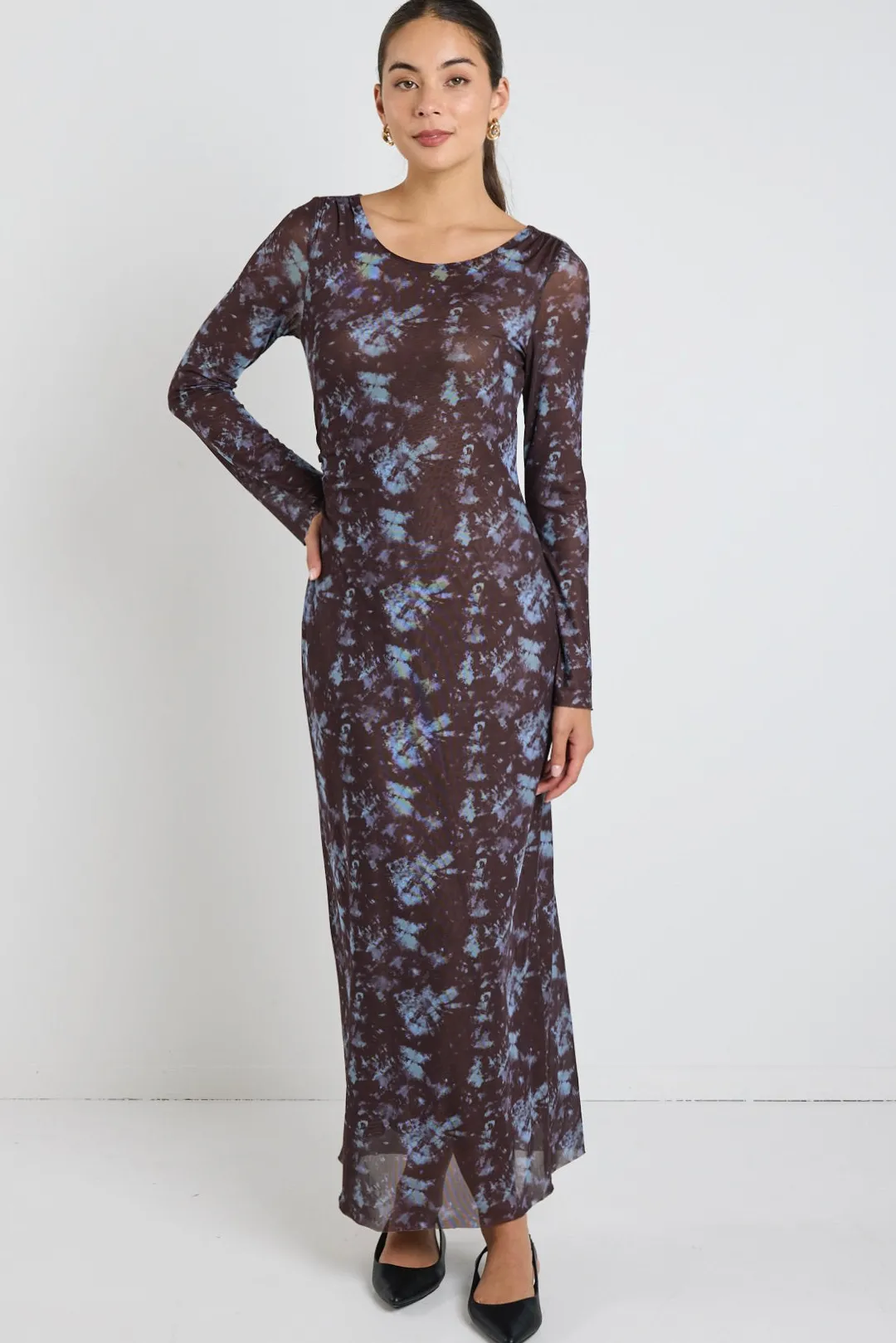 Stories be Told Promenade Chocolate Tie Dye Mesh Long Sleeve Midi Dress