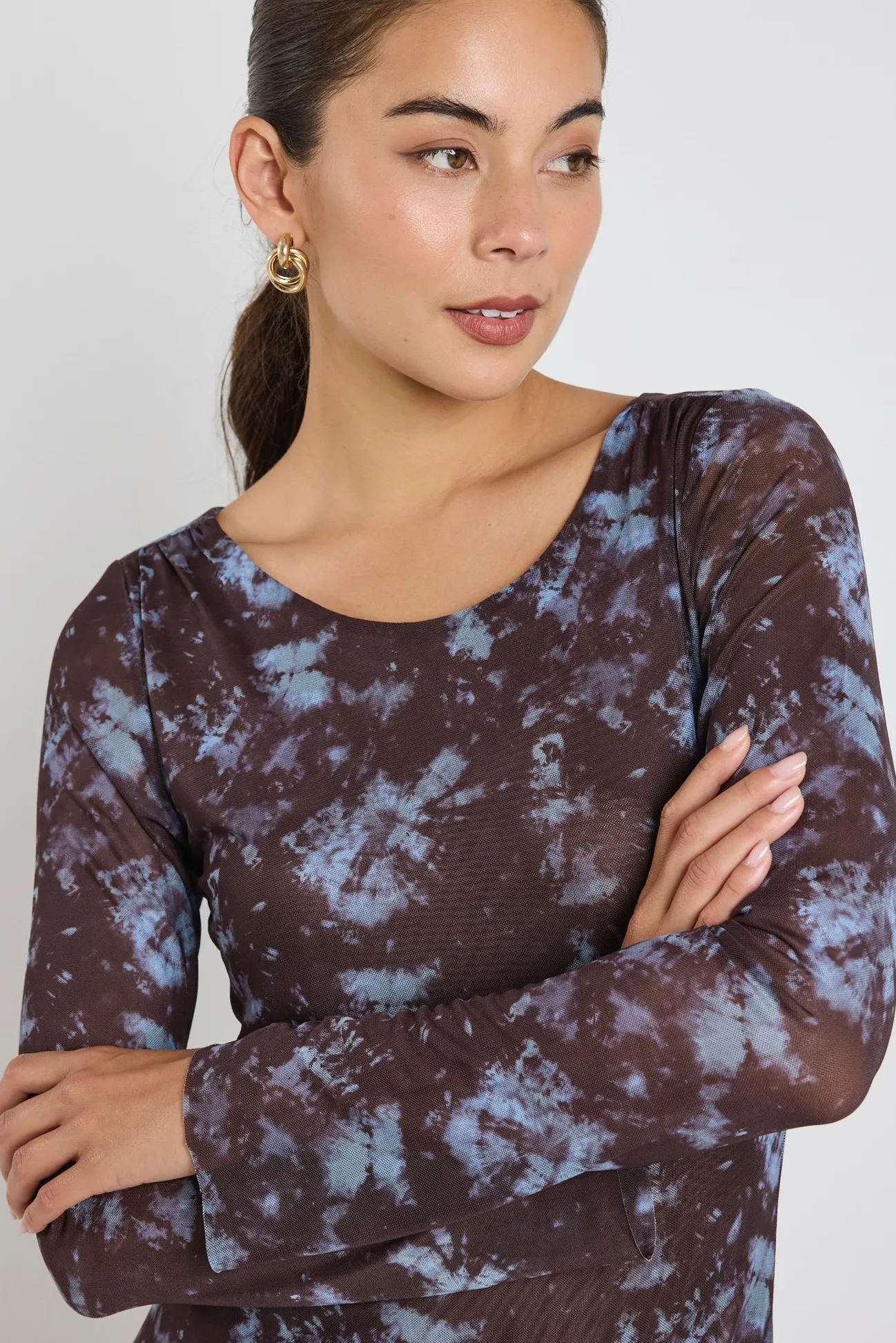 Stories be Told Promenade Chocolate Tie Dye Mesh Long Sleeve Midi Dress
