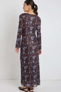Stories be Told Promenade Chocolate Tie Dye Mesh Long Sleeve Midi Dress