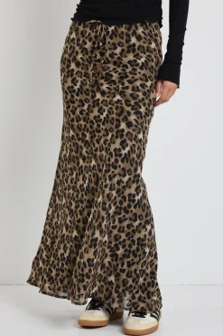 Among the Brave Rally Leopard Tie Waist Bias Maxi Skirt