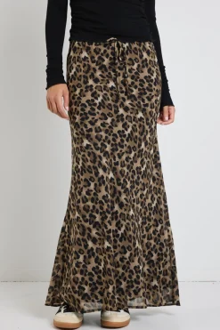 Among the Brave Rally Leopard Tie Waist Bias Maxi Skirt