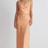 Among the Brave Rapture Papaya Satin Strappy Mock Wrap Midi Dress
