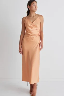 Among the Brave Rapture Papaya Satin Strappy Mock Wrap Midi Dress