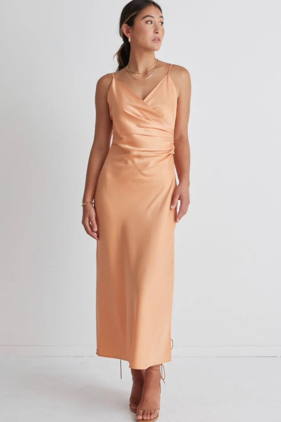 Among the Brave Rapture Papaya Satin Strappy Mock Wrap Midi Dress