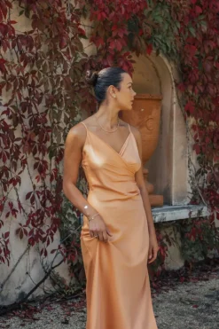 Among the Brave Rapture Papaya Satin Strappy Mock Wrap Midi Dress