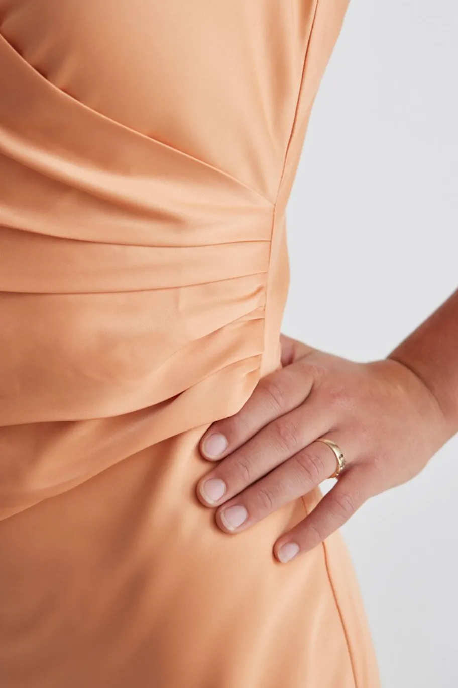 Among the Brave Rapture Papaya Satin Strappy Mock Wrap Midi Dress