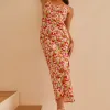 Among the Brave Rapture Red Tropical Strappy Mock Wrap Midi Dress