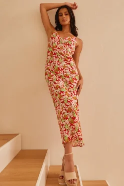 Among the Brave Rapture Red Tropical Strappy Mock Wrap Midi Dress