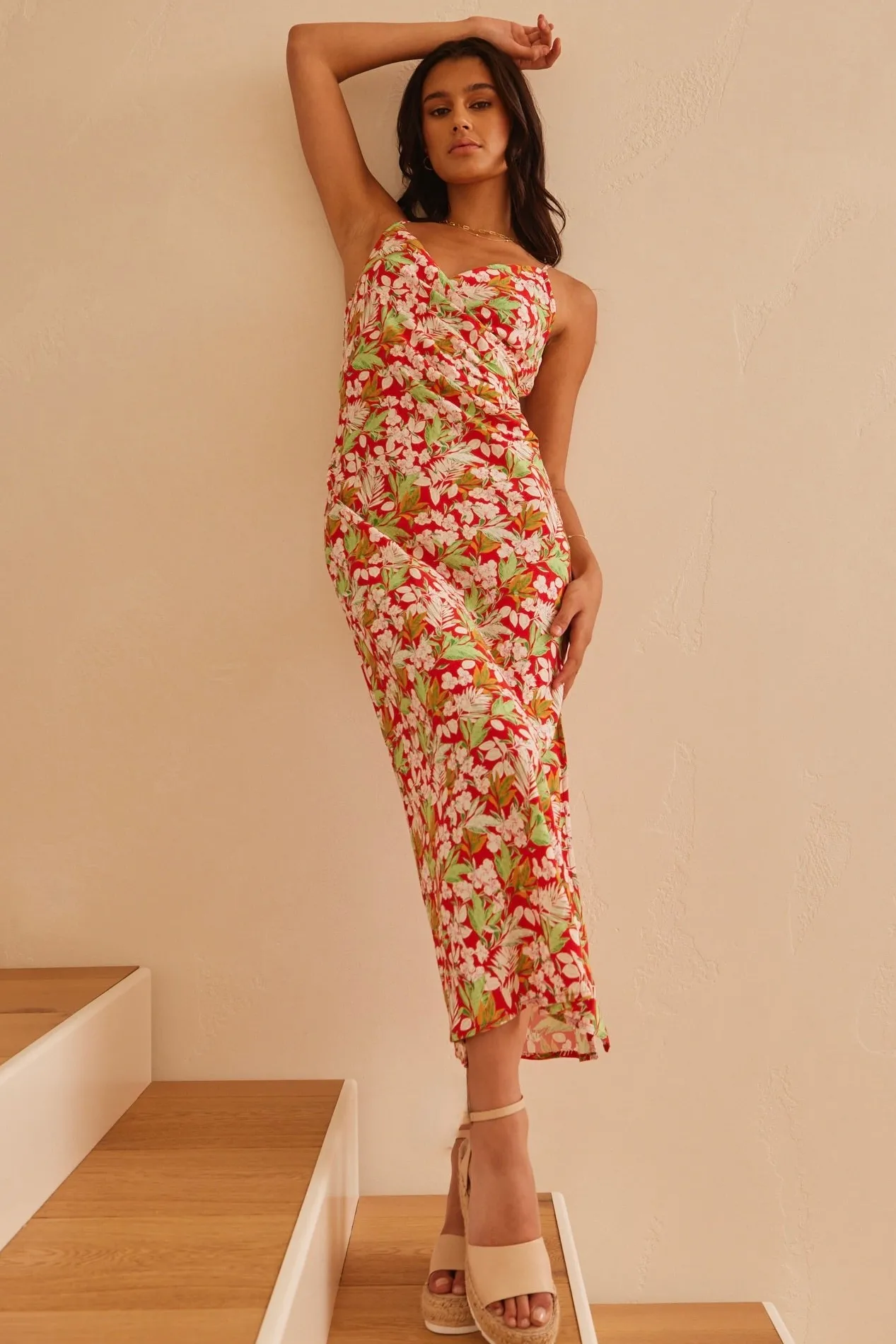Among the Brave Rapture Red Tropical Strappy Mock Wrap Midi Dress