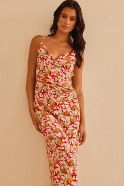 Among the Brave Rapture Red Tropical Strappy Mock Wrap Midi Dress