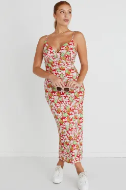 Among the Brave Rapture Red Tropical Strappy Mock Wrap Midi Dress