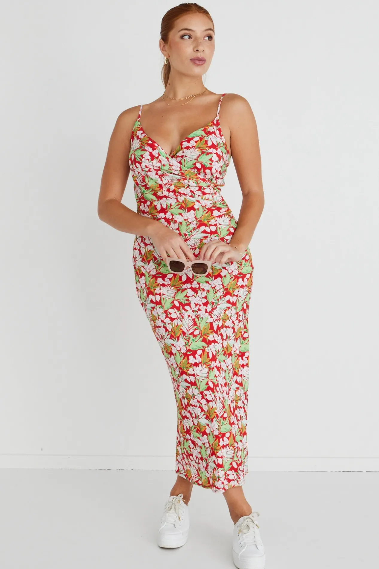 Among the Brave Rapture Red Tropical Strappy Mock Wrap Midi Dress