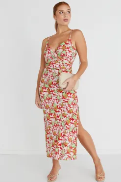 Among the Brave Rapture Red Tropical Strappy Mock Wrap Midi Dress
