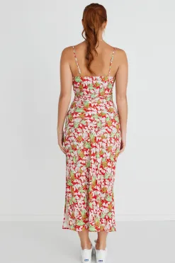 Among the Brave Rapture Red Tropical Strappy Mock Wrap Midi Dress