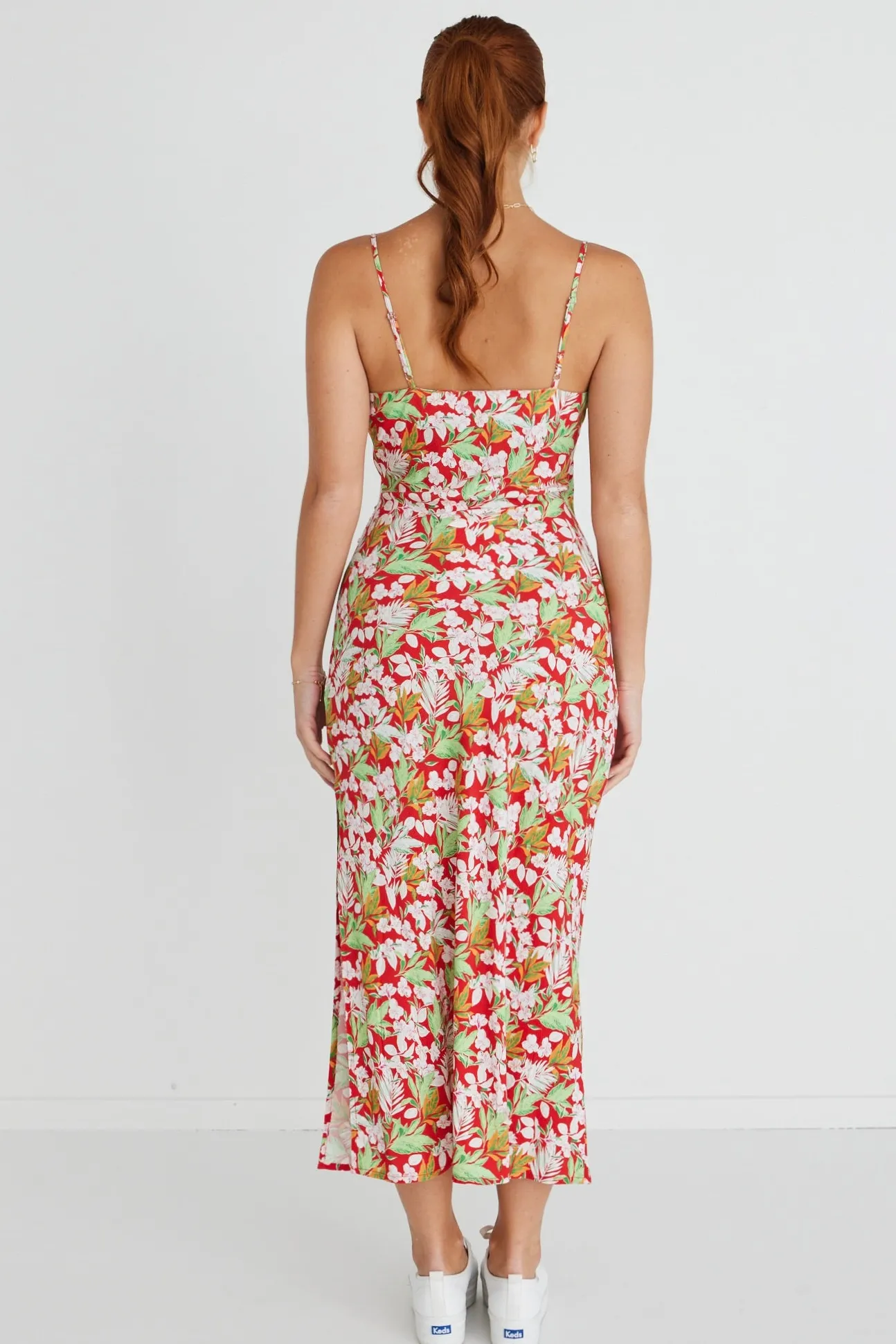 Among the Brave Rapture Red Tropical Strappy Mock Wrap Midi Dress